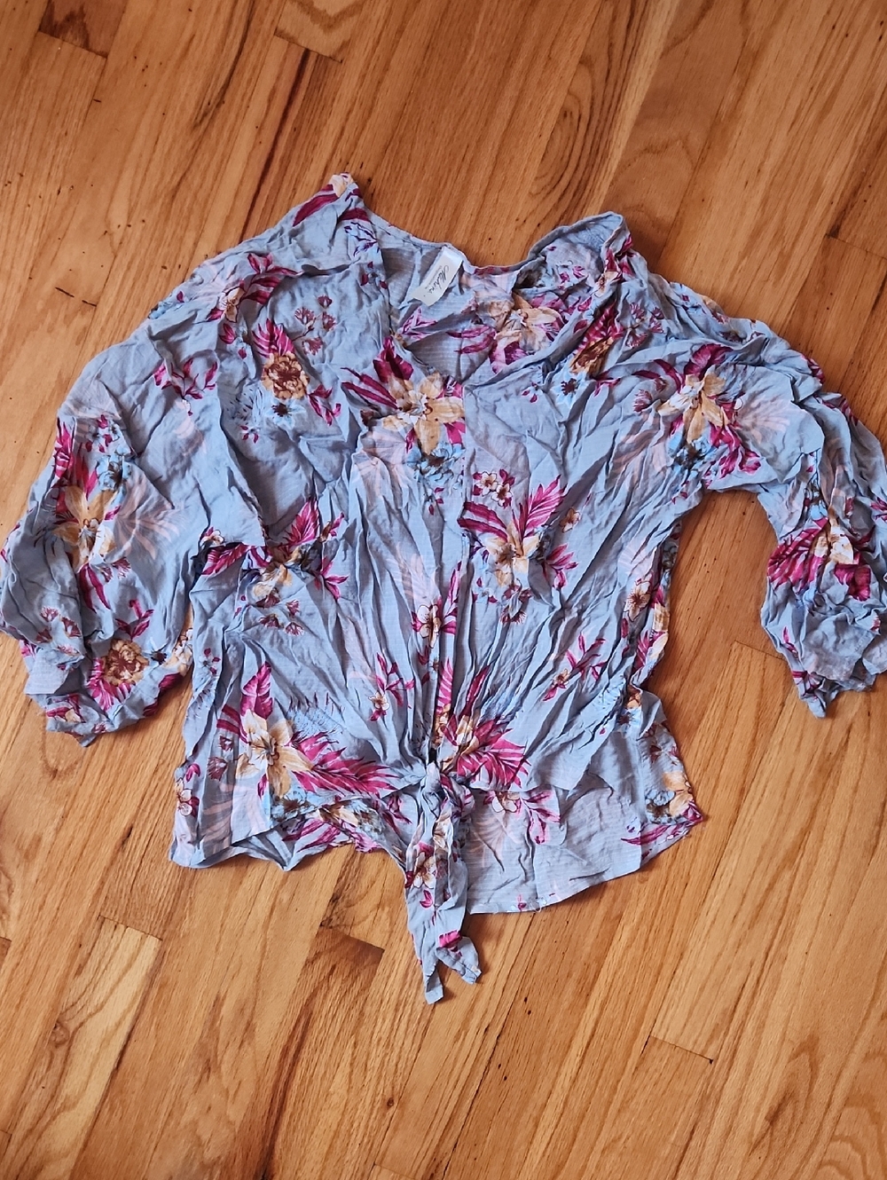 Mahina Tie Front Floral Blue Blouse- Size L